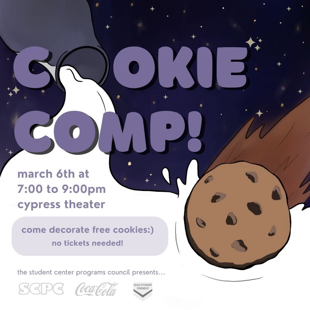 Looking for a way to wind down and decorate some delicious treats to take home? Come out March 6th, 7-9 pm at Cypress Theater for Cookies and Competition! Sit down and enjoy decorating cookies at your leisure, and if you're feeling competitive, sign up to compete for the best decorated cookie to receive free SCPC merch! If you're feeling giving, gift your decorated cookie to someone else with our packages and decorative cards you can write with! 