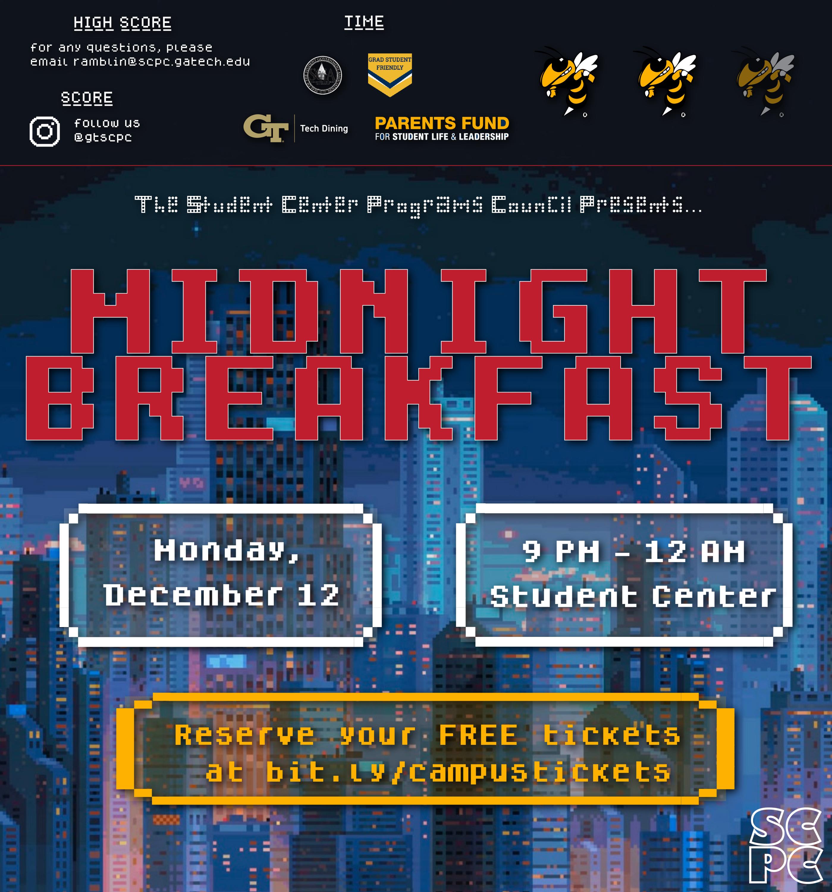Join SCPC on December 12th from 9pm to 12am for our semesterly events: Midnight Breakfast and Relaxation Fest! For Midnight Breakfast, we will include a variety of breakfast options such as Pork bacon, Southern-style grits, Scrambled eggs, French toast, and Home fried potatoes! We will also have other limited vegan and vegetarian options. For Relaxation Fest, we will have karaoke, laser tag, and other arts and crafts to de-stress!
