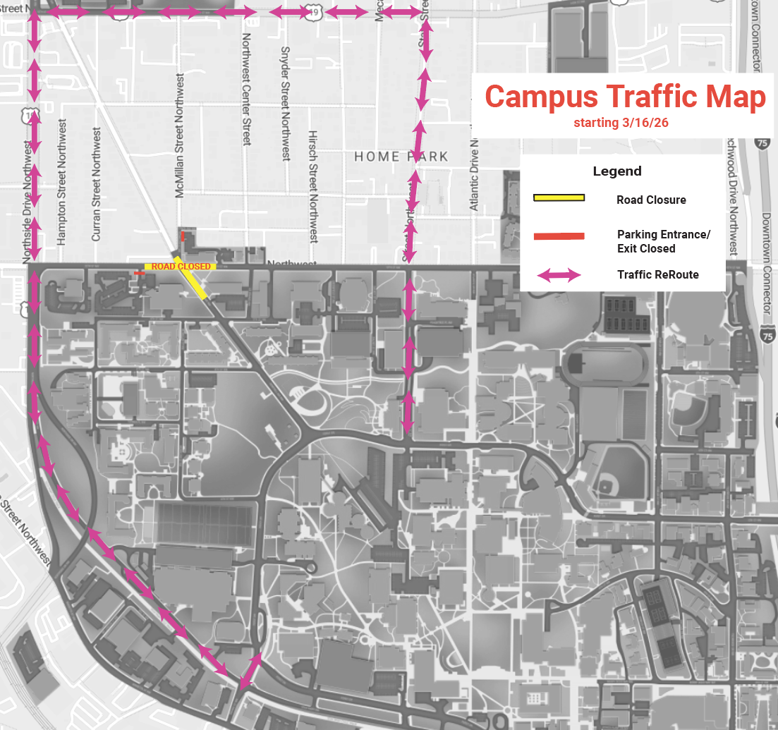 Georgia Tech campus map with vehicular traffic reouting