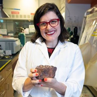 "Jennifer Glass in her lab at Georgia Tech. She is holding a stromatolitic ironstone full of iron that rusted out of early oceans"