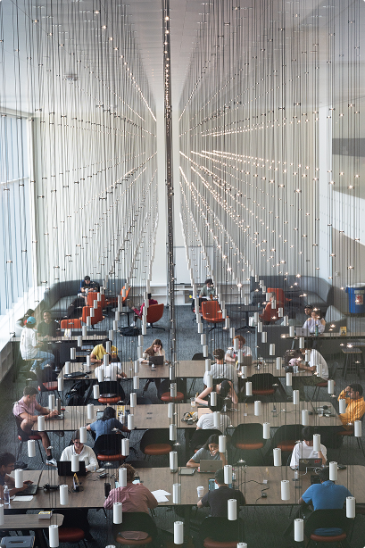 an atrium of students studying