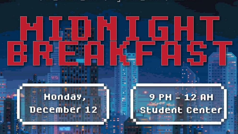 Join SCPC on December 12th from 9pm to 12am for our semesterly events: Midnight Breakfast and Relaxation Fest! For Midnight Breakfast, we will include a variety of breakfast options such as Pork bacon, Southern-style grits, Scrambled eggs, French toast, and Home fried potatoes! We will also have other limited vegan and vegetarian options. For Relaxation Fest, we will have karaoke, laser tag, and other arts and crafts to de-stress!