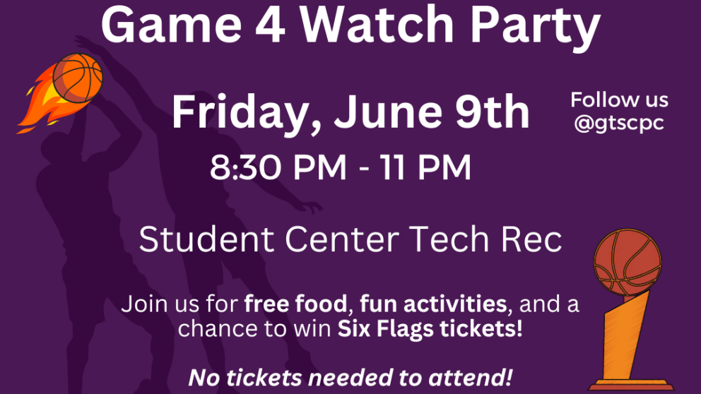 Game faces on, snacks ready, and the energy is electric!&nbsp;&nbsp;Whether you’re the most devoted basketball fan or are just looking to spend a fun Friday night on campus, join SCPC for an incredible Game 4 NBA Finals Watch Party, starring the Denver Nuggets and Miami Heat, at Tech Rec (1st floor of the Student Center) next Friday, June 9th, at 8:30 PM. No tickets are required. Let's cheer and celebrate as we start the summer off right - and witness history being made on the basketball court!&nbsp;

Ple