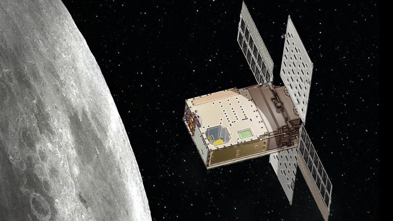 Illustration shows how the Lunar Flashlight will search for surface water ice on the moon.