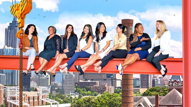 School of Building Construction faculty pose in the style of "Lunch Atop a Skyscraper."