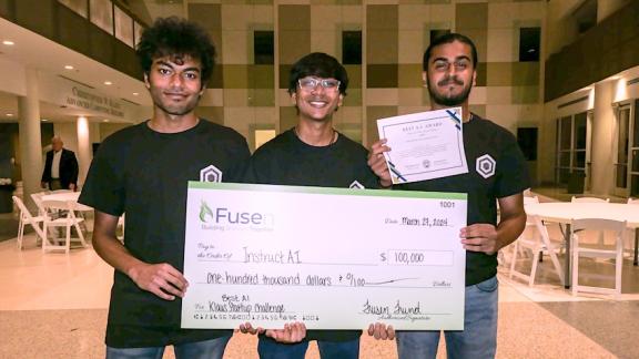 InstructAI founders and CS majors Arnav Chintawar, Dhruv Roongta, and Sahibpreet Singh earned a $100,000 offer for winning the Klaus Startup Challenge