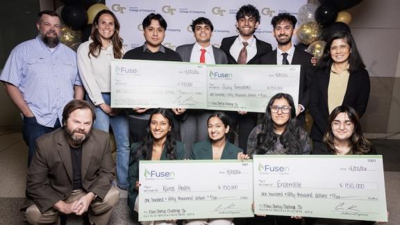A group photo of the judges and winning teams from the 6th annual Klaus Startup Challenge at the College of Computing  