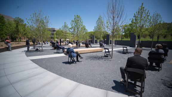 Students, administrators, and guests gathered at the EcoCommons to dedicate a space to three men who challenged racial segregation at that site. Photo by Allison Carter.