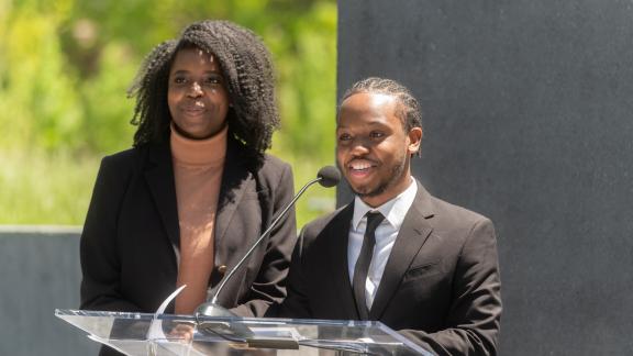 Undergraduates Shelbe Johnson (left) and Kemuel Russell spoke on behalf of the Georgia Tech African American Student Union. Photo by Allison Carter.
