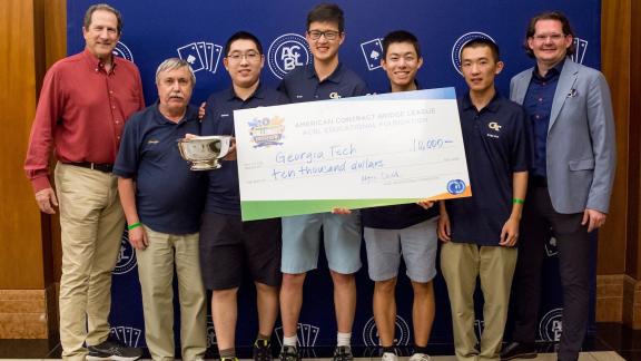 At the North American Collegiate Bridge Championships (L–R): Mitch Dunitz, a sponsor of the Collegiate Bridge Bowl; Giorgio Casinovi, advisor and coach of the Georgia Tech Bridge Club and retired senior research engineer in the School of Electrical Engineering; Weilong Shen; Bo Han “Bruce” Zhu; Vincent Zhu, president of the Georgia Tech Bridge Club; Alan Yu, and Robert Todd, president of the ACBL Educational Foundation.