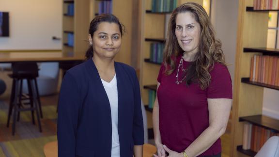 Cybersecurity master's student Sneha Talwalkar (left) and GTRI Principal Research Scientist Courtney Crooks (right) are working to bring relief to survivors of domestic abuse by building on developments recently made in cognitive security. (Photos by Kevin Beasley/College of Computing)
Cybersecurity master's student Sneha Talwalkar (left) and GTRI Principal Research Scientist Courtney Crooks (right) are working to bring relief to survivors of domestic abuse by building on developments recently made in cognitive security. (Photos by Kevin Beasley/College of Computing)