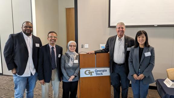 The project team includes faculty members from HBCUs and MSIs. From left to right: Kinnis Gosha (Morehouse College), Sajid Hussain (Fisk University), Lila Ghemri (Texas Southern University), Lew Lefton (Georgia Tech), and Kexin Rong (Georgia Tech).
