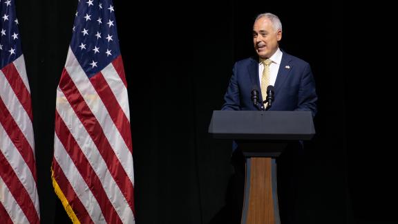 President Ángel Cabrera welcomes attendees to the discussion hosted by Vice President Kamala Harris on Feb. 8, 2023. Photo by Rob Felt