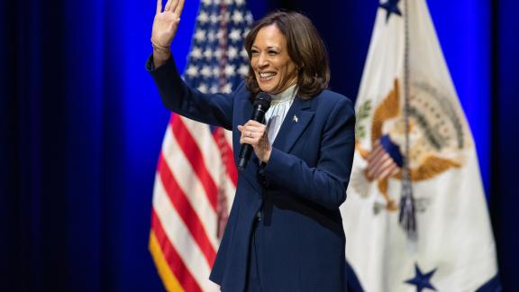 Vice President Kamala Harris takes the stage at the Ferst Center on the Georgia Tech Campus. 