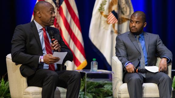 Marshall Shepherd and Isaiah Bolden speak at a discussion hosted at Georgia Tech by Vice President Kamala Harris on Feb. 8, 2023.