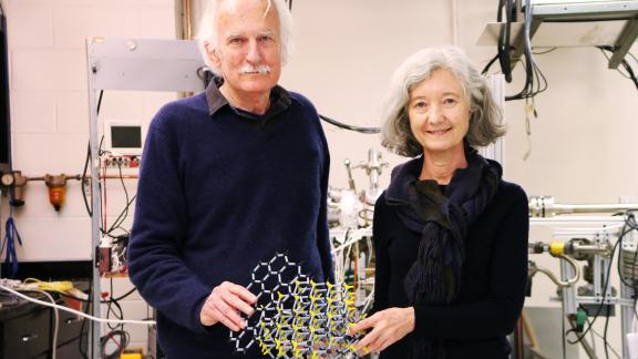 Walter de Heer and Claire Berger with a model of how computer chip material is made (Photo Jess Hunt-Ralston)
