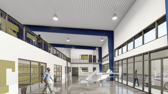 Rendering of the interior of the Aerospace Engineering Aircraft Hangar.