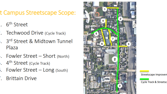 The current scope for the East Campus Streetscape project. Pending design costs, the final scope may vary.