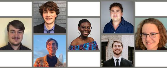 Photo collage of Jordan Hale, Jake Churchill, Henry Kantrow, Betina Arkhurst, Andrew Hill, Jacob Tjards, Emily Marshall