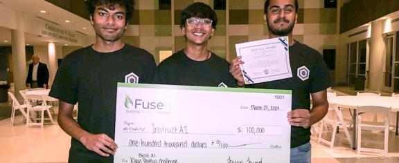 InstructAI founders and CS majors Arnav Chintawar, Dhruv Roongta, and Sahibpreet Singh earned a $100,000 offer for winning the Klaus Startup Challenge