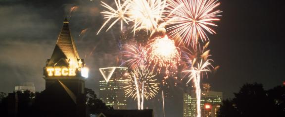 Tech Tower with Fireworks