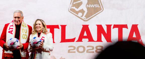 Arthur Blank and NWSL Commissioner Jessica Berman announce an Atlanta soccer franchise 