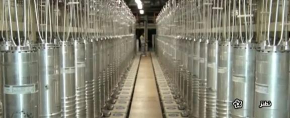 An image from Iranian television shows centrifuges lining a hall at Iran’s Natanz uranium enrichment facility in 2021. IRIB via APPEAR