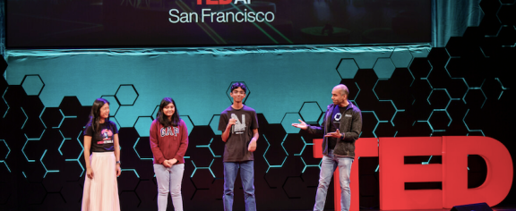 Tanisha Chawdhury (2nd from left) on stage at the 2024 TED AI San Francisco hackathon.