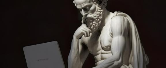 AI-generated image of Socrates, sculpted in marble, looking contempletively at a laptop.