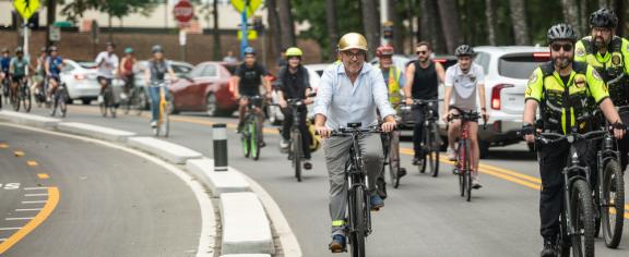 Cyclists on the campus cycle track along Ferst Drive