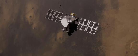 This close-up illustration shows what one of the twin ESCAPADE spacecraft will look like conducting its science operations. James Rattray/Rocket Lab USA/Goddard Space Flight Center