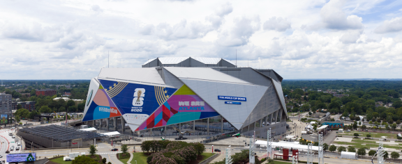 Drone photo of FIFA decorated Mercedes-Benz Stadium in Atlanta Georgia