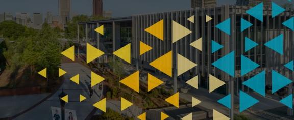Multicolored rectangular patterns over photo of Georgia Tech campus