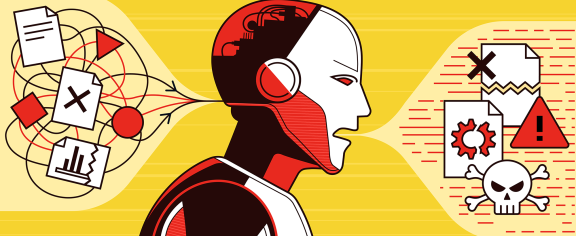 A red robot in front of a yellow background emits a speech bubble that indicates harmful output