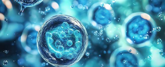 A rendering of transparent cells on a blue background