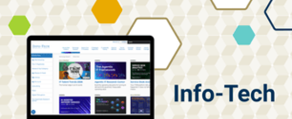 Info-Tech research site displaying Georgia Tech SSO screen on laptop graphic surrounded by hexagon shapes