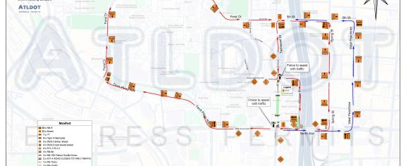 image of logistics and detour map for Techwood Drive closure July 1 - Aug. 2