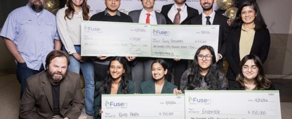 A group photo of the judges and winning teams from the 6th annual Klaus Startup Challenge at the College of Computing  