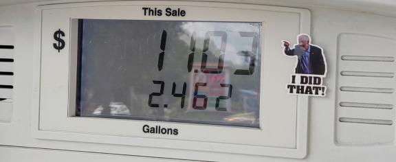 Oliver was inspired by the stickers he saw on gas pumps showing Joe Biden pointing at the price saying "I did that." Photo by Whoisjohngalt, via Wikimedia Commons, licensed under CC BY-SA 4.0.