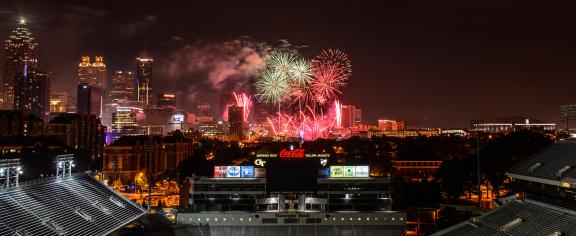 Fourth of July fireworks seen from Bobby Dodd Stadium at Georgia Tech. 