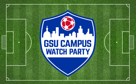 The Watch Party logo over a soccer field 