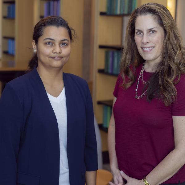 Cybersecurity master's student&nbsp;Sneha Talwalkar (left)&nbsp;and&nbsp;GTRI Principal Research Scientist&nbsp;Courtney Crooks&nbsp;(right) are working to bring relief to survivors of domestic abuse by building on developments recently made in cognitive security.&nbsp;(Photos by Kevin Beasley/College of Computing)
