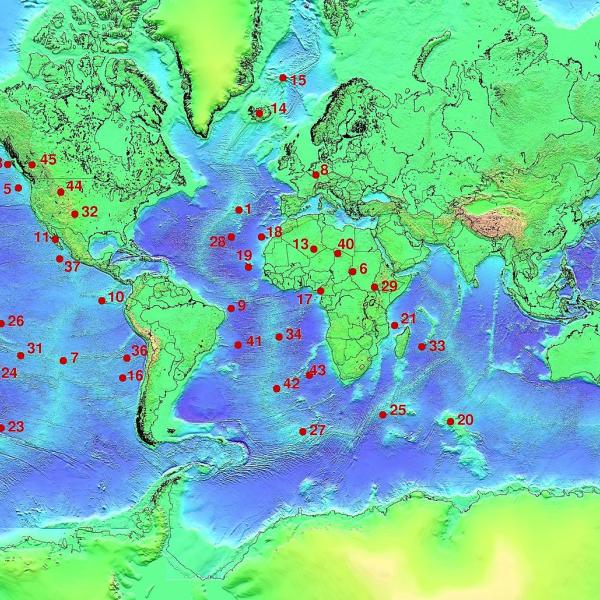 Mantle plumes, shown in red, have been identified around the world. (Ingo Wölbern, via Wikimedia Commons)
