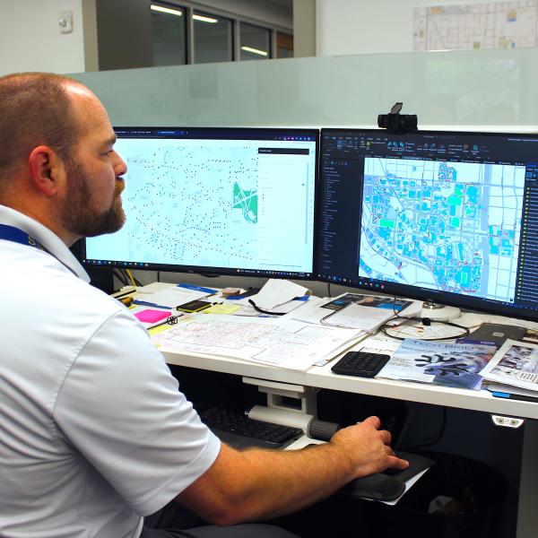 Senior Systems Support Engineer&nbsp;for Infrastructure and Sustainability Doug Sims reviews a GIS data set.&nbsp;