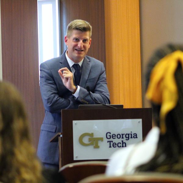 The Atlanta Journal-Constitution's Greg Bluestein speaks during Thursday's seminar at the Bill Moore Student Success Center.&nbsp;
