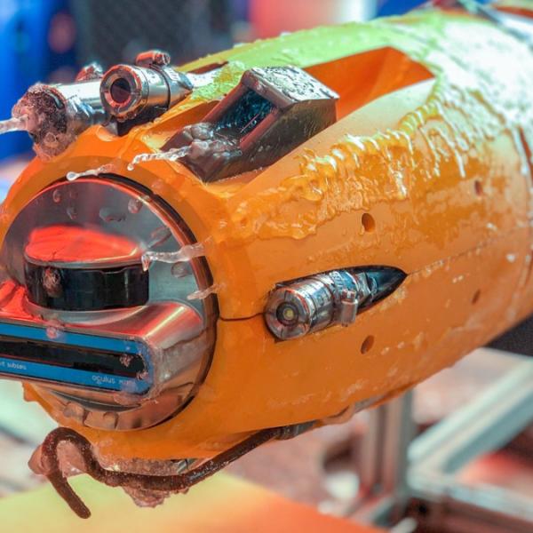 The remotely operated Icefin underwater robot after completing a dive below the Ross Ice Shelf near Kamb Ice Stream in 2019.