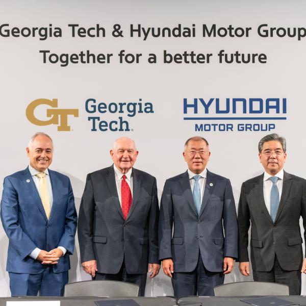 Georgia Tech and Hyundai leaders pose for a photo following the signing of the memorandum of understanding. From left to right: Executive Vice President for Research Chaouki Abdallah, Georgia Tech President Ángel Cabrera, University System of Georgia Chancellor Sonny Perdue, Executive Chairman of Hyundai Motor Company Euisun Chung, President and CEO Jay Chang, President and Global COO José Muñoz. 