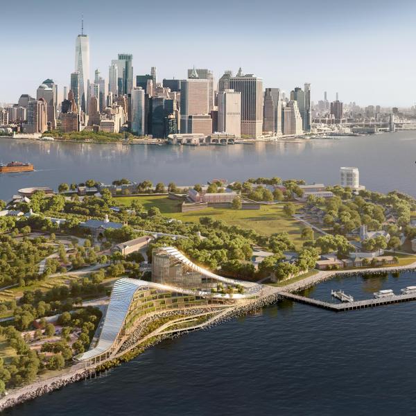 A project rendering for the New York Climate Exchange (The Exchange) on Governors Island in New York City. The center is slated to open in 2028.
