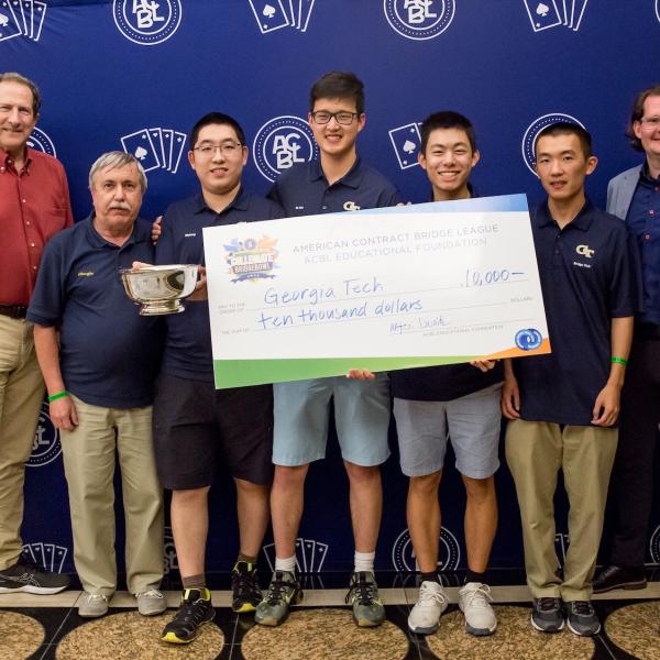 At the North American Collegiate Bridge Championships (L–R): Mitch Dunitz, a sponsor of the Collegiate Bridge Bowl; Giorgio Casinovi, advisor and coach of the Georgia Tech Bridge Club and retired senior research engineer in the School of Electrical Engineering; Weilong Shen; Bo Han “Bruce” Zhu; Vincent Zhu, president of the Georgia Tech Bridge Club; Alan Yu, and Robert Todd, president of the ACBL Educational Foundation.
