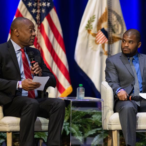 Marshall Shepherd and Isaiah Bolden speak at a discussion hosted at Georgia Tech by Vice President Kamala Harris on Feb. 8, 2023.